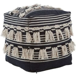 Boho Black And White Fabric Pouffe With Tassels Stool Footstool