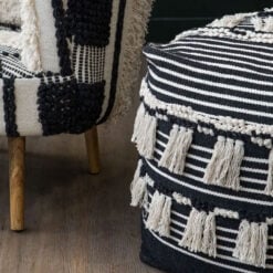 Boho Black And White Fabric Pouffe With Tassels Stool Footstool