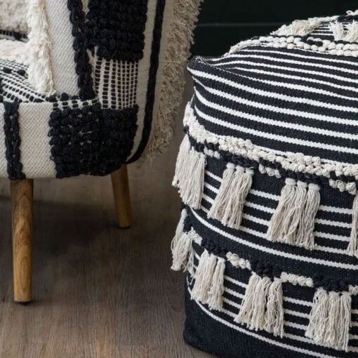Boho Black And White Fabric Pouffe With Tassels Stool Footstool