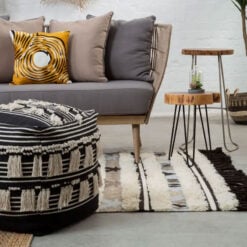 Boho Black And White Fabric Pouffe With Tassels Stool Footstool