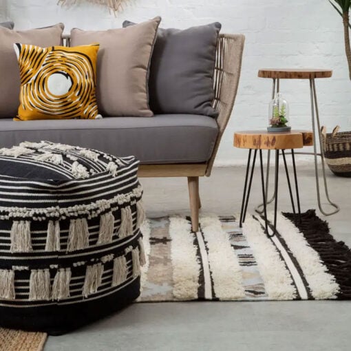 Boho Black And White Fabric Pouffe With Tassels Stool Footstool