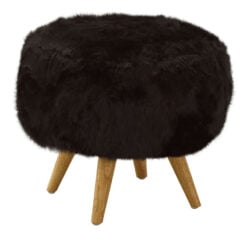 Boho Black Faux Fur Footstool Vanity Stool With Solid Wood Legs