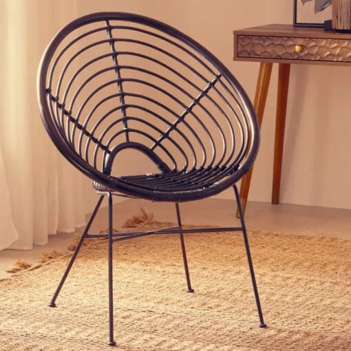 Boho Black Rattan And Black Metal Accent Chair Armchair