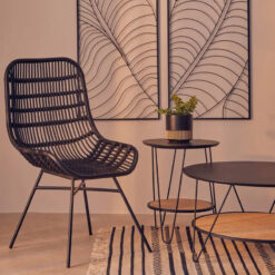 Boho Black Rattan And Black Metal Curved Armchair Accent Chair