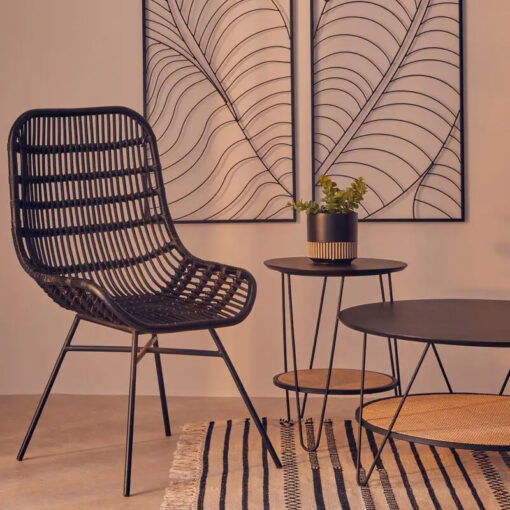 Boho Black Rattan And Black Metal Curved Armchair Accent Chair