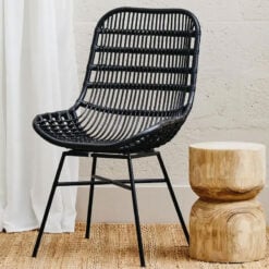 Boho Black Rattan And Black Metal Curved Armchair Accent Chair