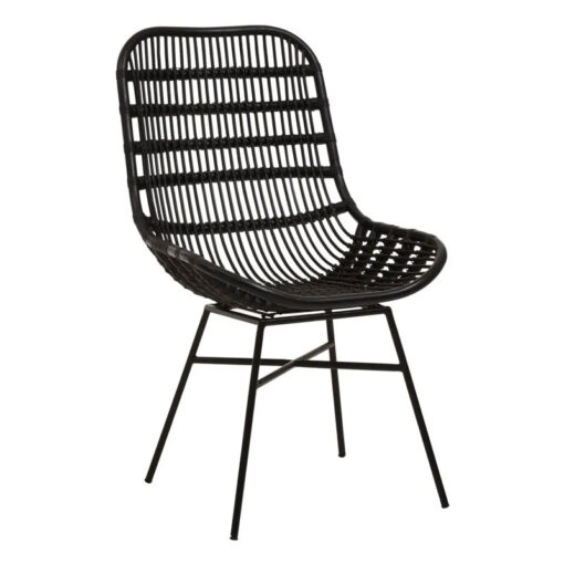 Boho Black Rattan And Black Metal Curved Armchair Accent Chair