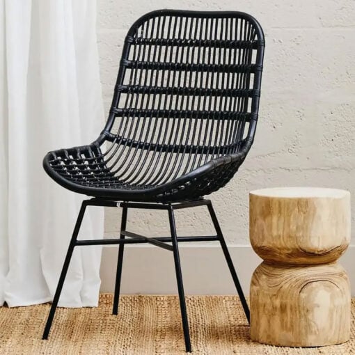 Boho Black Rattan And Black Metal Curved Armchair Accent Chair