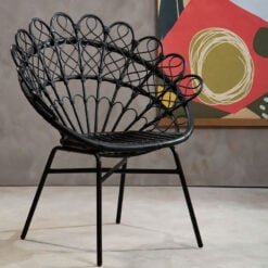 Boho Black Rattan And Black Metal Peacock Acapulco Armchair Accent Chair