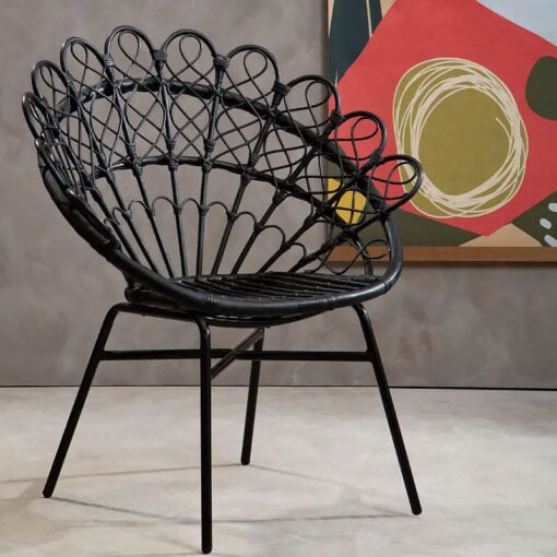 Boho Black Rattan And Black Metal Peacock Acapulco Armchair Accent Chair