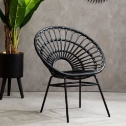 Boho Black Rattan And Black Metal Peacock Flared Back Armchair Accent Chair
