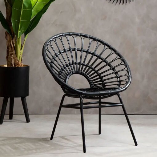 Boho Black Rattan And Black Metal Peacock Flared Back Armchair Accent Chair
