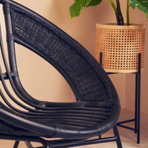 Boho Black Rattan And Black Metal Round Tub Armchair Accent Chair