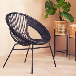Boho Black Rattan And Black Metal Round Tub Armchair Accent Chair