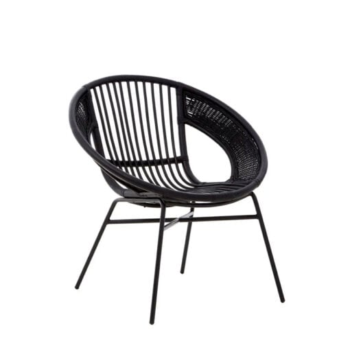 Boho Black Rattan And Black Metal Round Tub Armchair Accent Chair