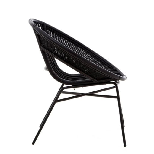 Boho Black Rattan And Black Metal Round Tub Armchair Accent Chair