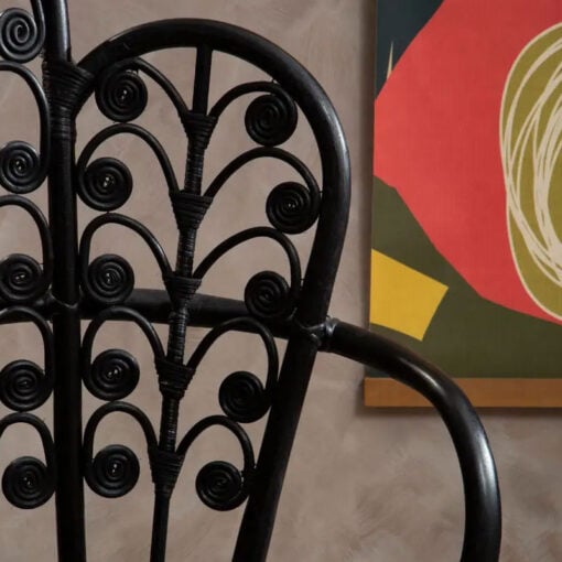Boho Black Rattan And Black Metal Scalloped Peacock High Back Armchair Accent Chair