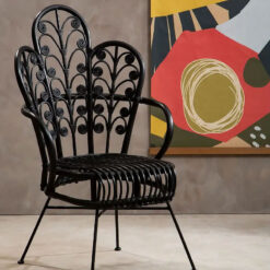 Boho Black Rattan And Black Metal Scalloped Peacock High Back Armchair Accent Chair