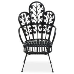 Boho Black Rattan And Black Metal Scalloped Peacock High Back Armchair Accent Chair