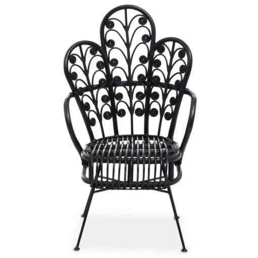 Boho Black Rattan And Black Metal Scalloped Peacock High Back Armchair Accent Chair
