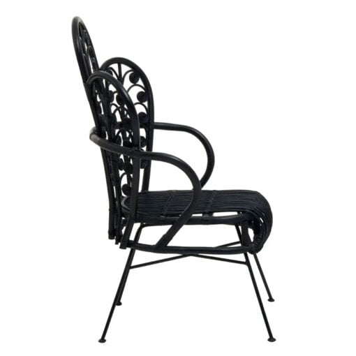 Boho Black Rattan And Black Metal Scalloped Peacock High Back Armchair Accent Chair