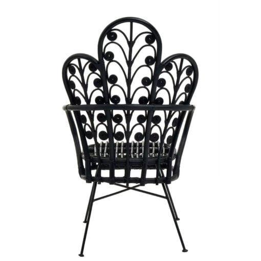 Boho Black Rattan And Black Metal Scalloped Peacock High Back Armchair Accent Chair