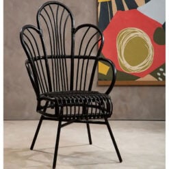 Boho Black Rattan And Metal Scalloped Peacock High Back Armchair Accent Chair