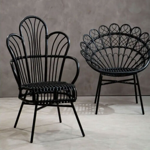 Boho Black Rattan And Metal Scalloped Peacock High Back Armchair Accent Chair