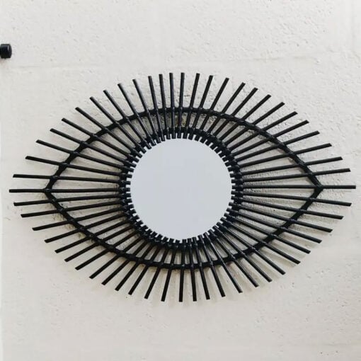 Boho Black Rattan Eye Shaped Wall Mirror 83cm