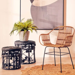 Boho Black Rattan Set Of 2 Nesting Side Tables End Tables