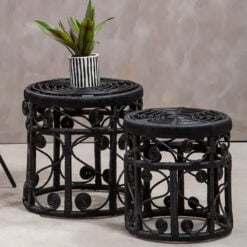 Boho Black Rattan Set Of 2 Nesting Side Tables End Tables