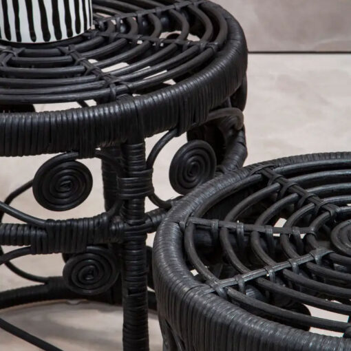 Boho Black Rattan Set Of 2 Nesting Side Tables End Tables