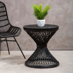 Boho Black Rattan Twisted Hour Glass Shaped Side Table End Table