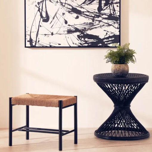 Boho Black Rattan Twisted Hour Glass Shaped Side Table End Table