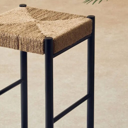 Boho Black Solid Beech Wood And Woven Hemp Rope Bar Stool 72cm