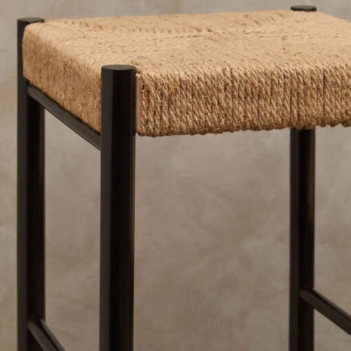 Boho Black Solid Beech Wood And Woven Hemp Rope Bar Stool 72cm