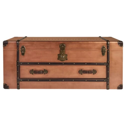Boho Copper Metal And Brown Leather Large Storage Trunk Coffee Table With 1 Drawer 110cm