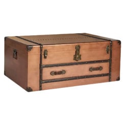 Boho Copper Metal And Brown Leather Large Storage Trunk Coffee Table With 1 Drawer 110cm