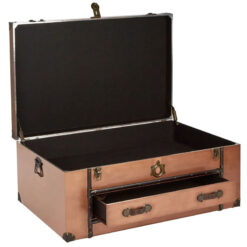 Boho Copper Metal And Brown Leather Large Storage Trunk Coffee Table With 1 Drawer 110cm