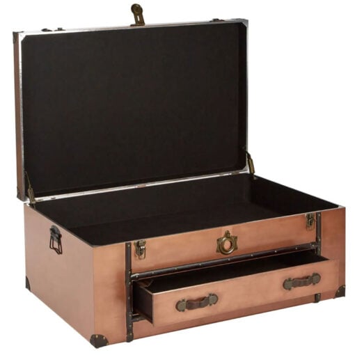 Boho Copper Metal And Brown Leather Large Storage Trunk Coffee Table With 1 Drawer 110cm