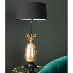 Boho Gold Metal Large Pineapple Table Lamp With Black Cotton Shade 65cm