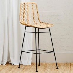 Boho Natural Rattan And Black Metal Bar Stool