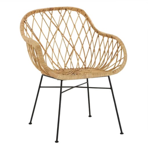 Boho Natural Rattan Lattice Design Tub Armchair Accent Chair With Black Legs