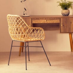 Boho Natural Rattan Lattice Design Tub Armchair Accent Chair With Black Legs