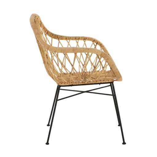 Boho Natural Rattan Lattice Design Tub Armchair Accent Chair With Black Legs