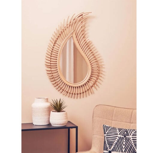 Boho Natural Rattan Tear Drop Shaped Wall Mirror 87cm