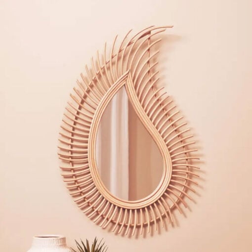 Boho Natural Rattan Tear Drop Shaped Wall Mirror 87cm