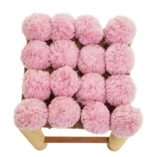 Boho Pink Pom Pom Stool Foot Stool With Solid Wood Legs