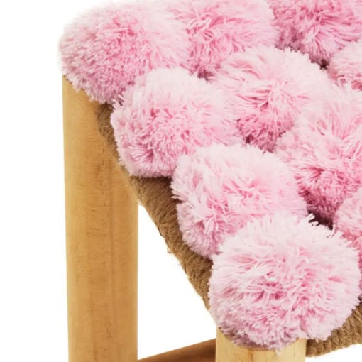Boho Pink Pom Pom Stool Foot Stool With Solid Wood Legs