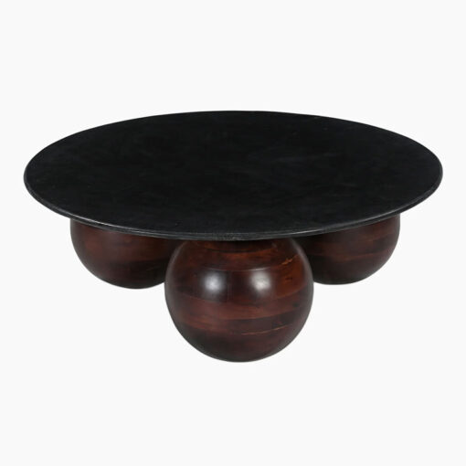 Boho Rustic Chunky Solid Dark Acacia Wood Round Coffee Table With Black Marble Top 100cm